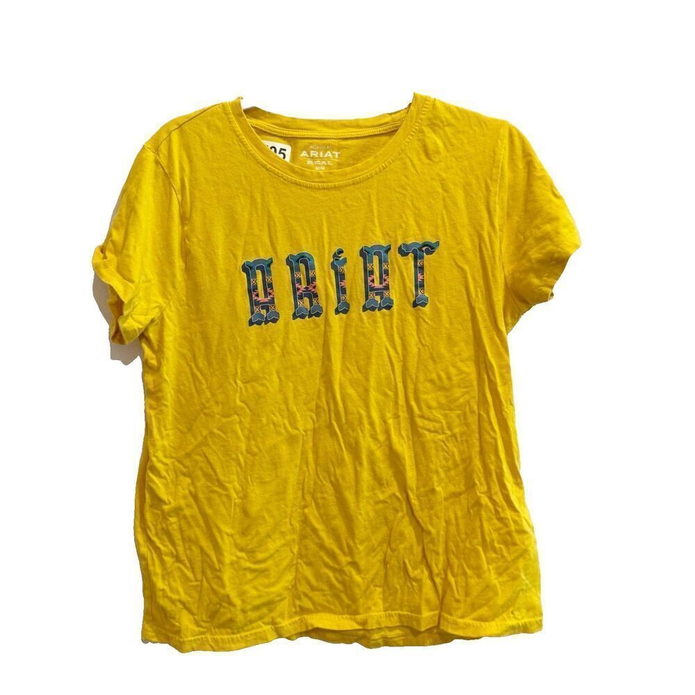 Ariat Womens Yellow T Shirt M Spell Out Graphic Print Logo Round Neck Cap Sleeve